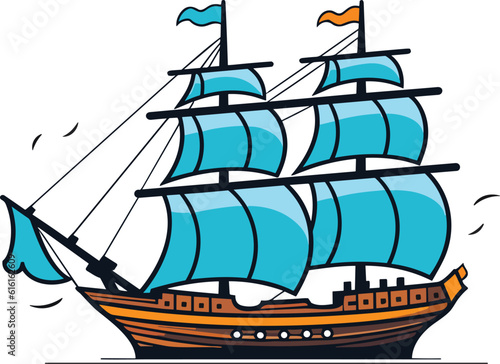 Ocean Voyage: Exploring the Maritime Industry on a Nautical Vessel, Explore a cartoon boat sailing on the sea, a maritime journey awaits. Pirated ship vector illustration