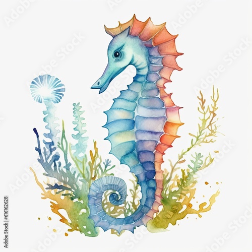 Watercolor seahorse with corals and seaweed on white background, Watercolor Seahorse Clipart, AI Generated