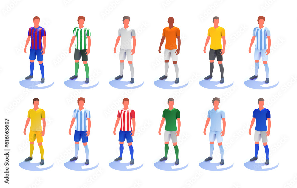 3d illustration of several soccer (succer) players. T-shirts with the color of various national teams and teams.