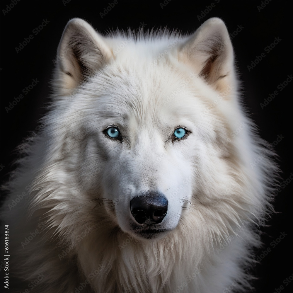 Obraz premium portrait of a white wolf staring at the camera, black background