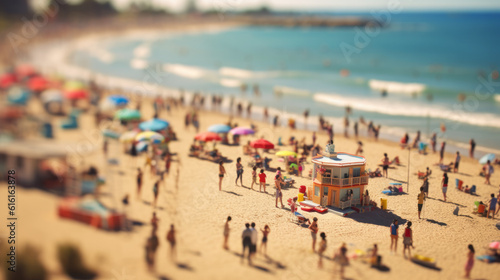 Blurred crowded day at the beach on sunny summer day and tilt shift effect photo