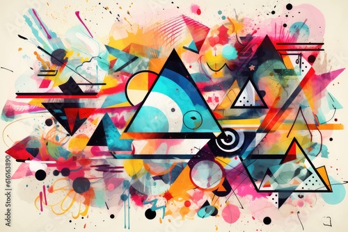 Colored hand-drawn geometric shapes and objects abstract background. Generative AI