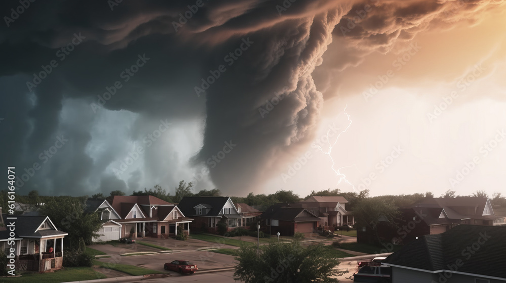 Tornado in a middle of a american town, destroying all houses
