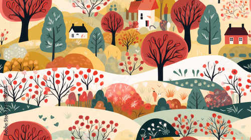 Seamless pattern background inspired by naive art with trees hills and houses