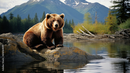 Wild grizzly bear in an alaskan landscape with lake and mountains