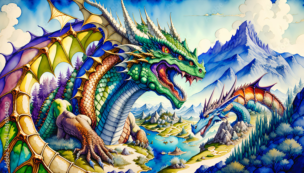 Obraz premium Big magical dragon in the land of fairy tales and magic. Watercolor style. Generative AI.