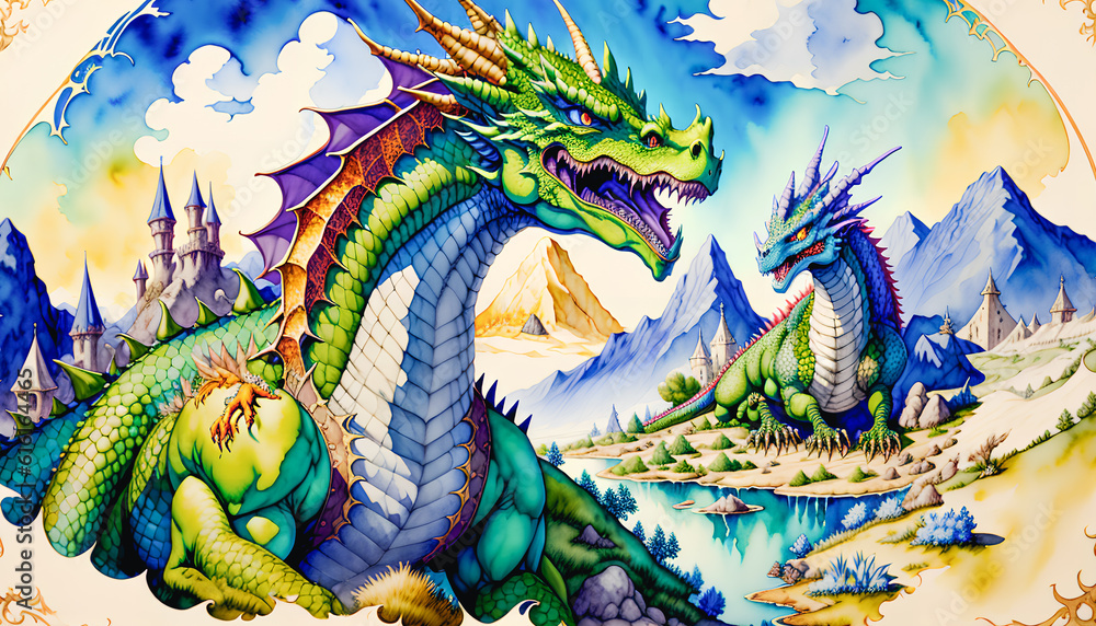 Big magical dragon in the land of fairy tales and magic. Watercolor style. Generative AI.