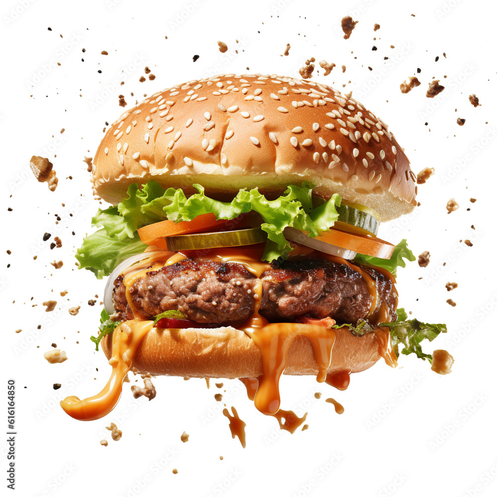 Large delicious juicy smoky burger separated on ingredients floating in air  - obrazy, fototapety, plakaty 
