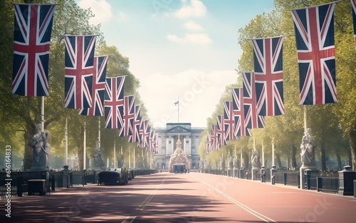 The Union Jack flags lining The Mall in central London, Generative Ai