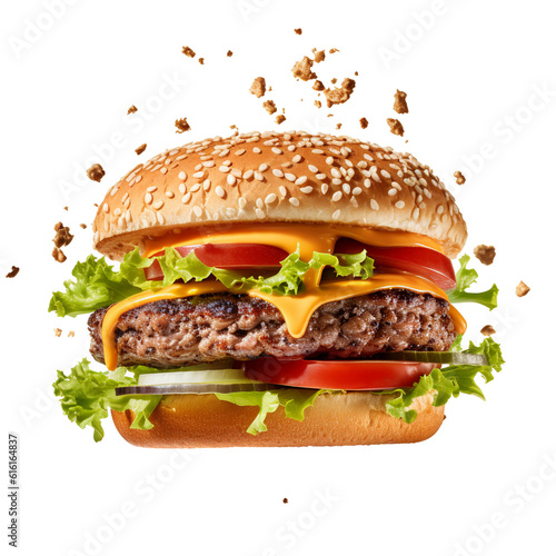 Large delicious juicy smoky burger separated on ingredients floating in air 