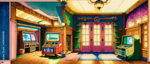 Arcade games room. Watercolor Style. Generative AI. © 4K_Heaven