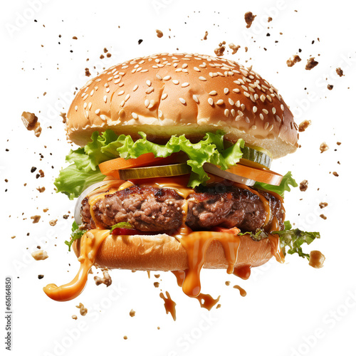 Large delicious juicy smoky burger separated on ingredients floating in air 