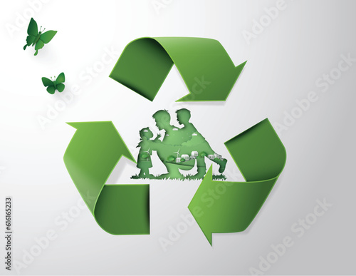 green recycle logo and family