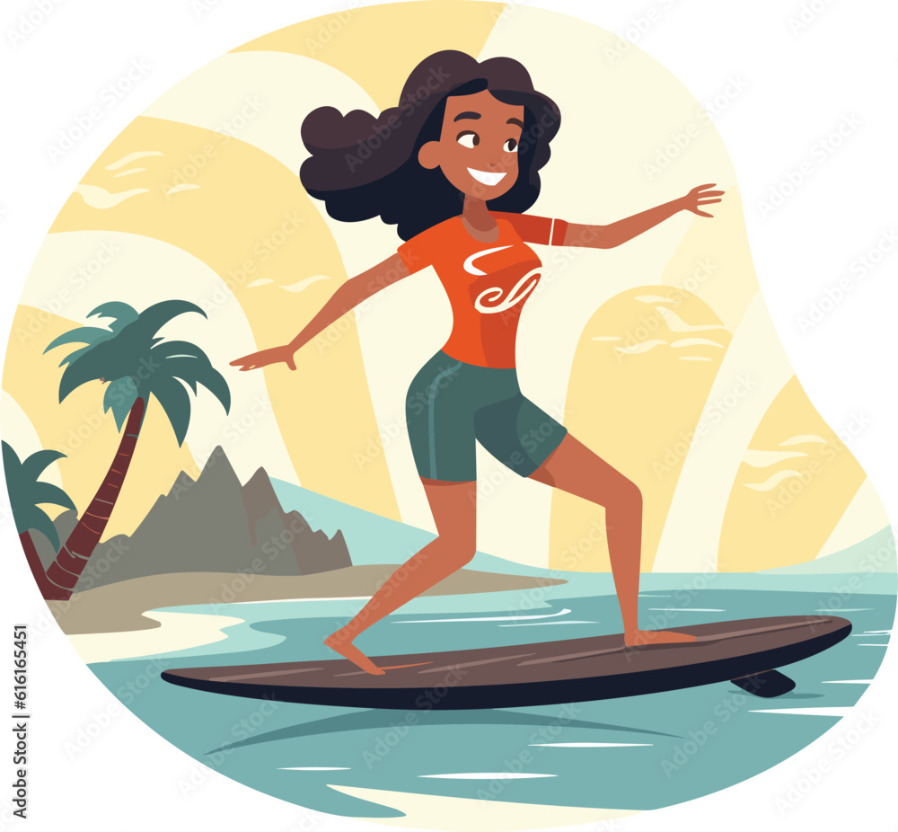 surfing girl illustration, Cheerful girl surfing with joyful expression