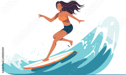 surfing girl illustration, Cheerful girl surfing with joyful expression photo