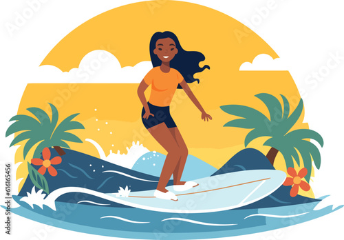 surfing girl illustration, Cheerful girl surfing with joyful expression