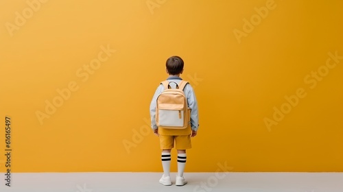 A child with a school backpack walks on the way to school. Backpack for a teenager. Solid yellow background. Place for text. generative AI