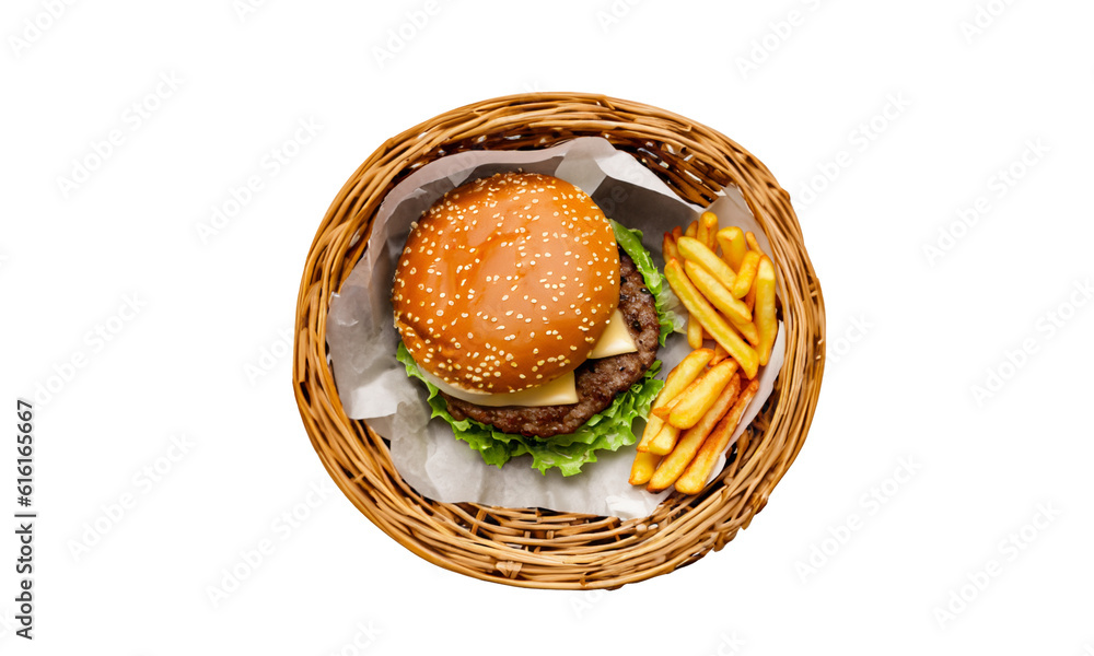 Sandwich and fries inside a wicker basket. Fast food.