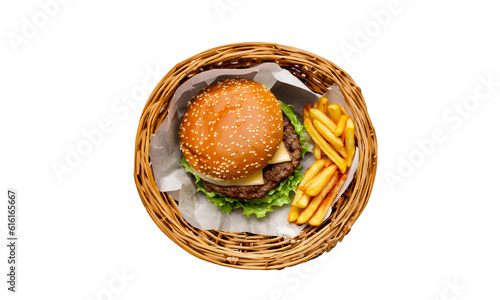 Sandwich and fries inside a wicker basket. Fast food.