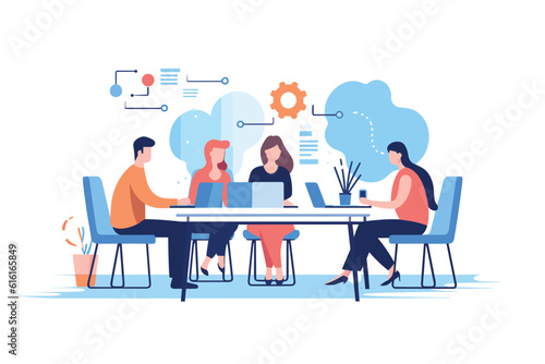 team meeting illustration, Diverse professionals collaborate in corporate office for effective teamwork and communication.