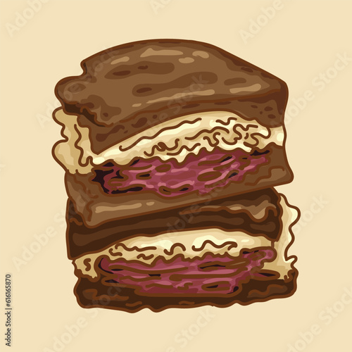 Reuben is cooked on the grill.
Top of the best sandwiches.