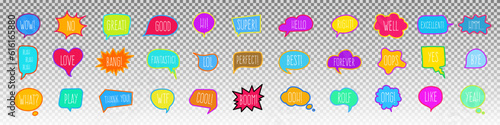 Set of hand drawn color speech bubbles different shapes with various short phrases for emotional comments or communication talks. Collection cute doodle talk words. Vector elements.