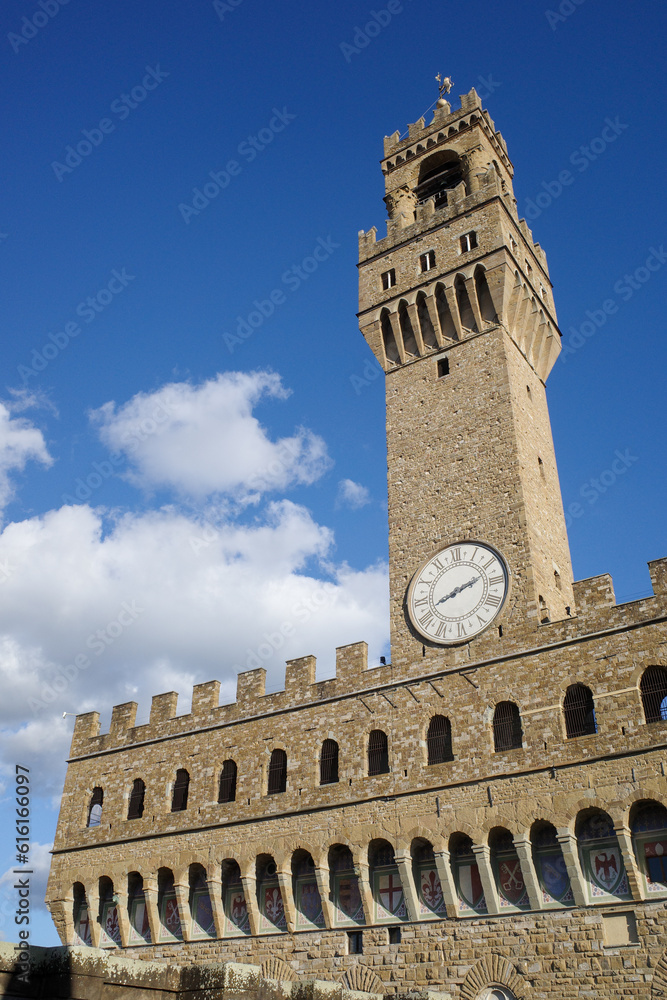 Florence, Italy - 20 Nov, 2022: The Palazzo Vecchio seen from the Uffizi Gallery
