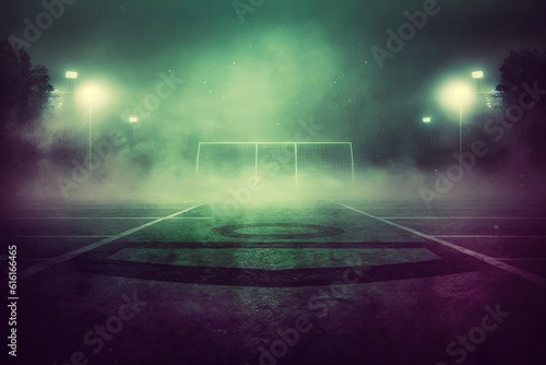 Soccer field at night with fog and lights. Sport concept