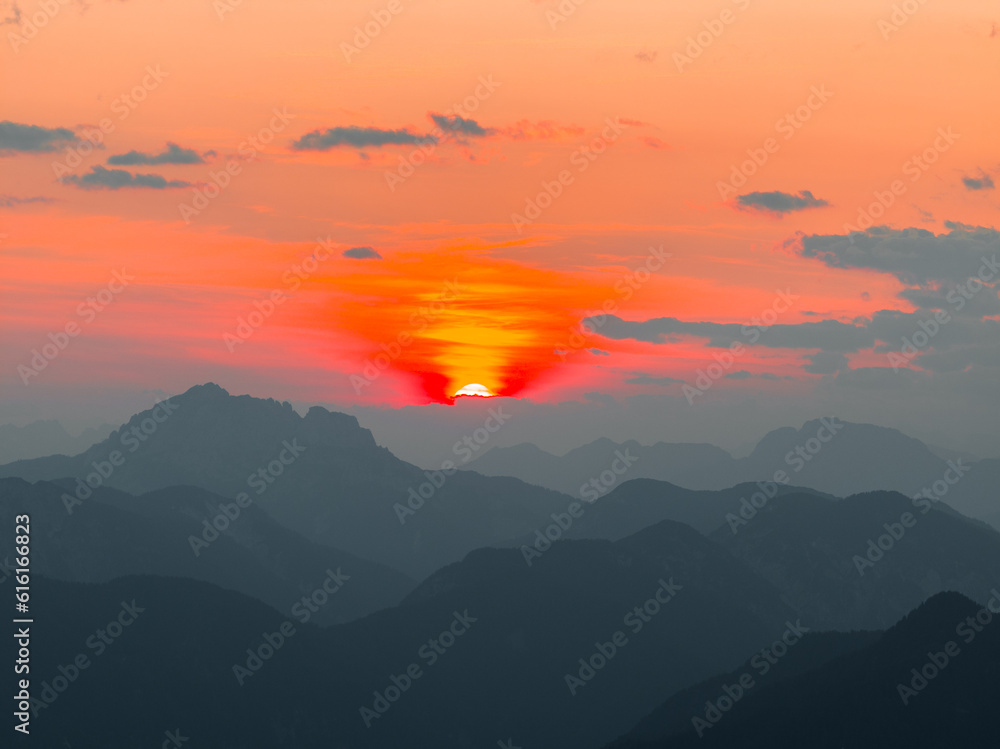 Orange Purple Sunset in the Alps in Tarvisio (Monte Lusssari) Italy