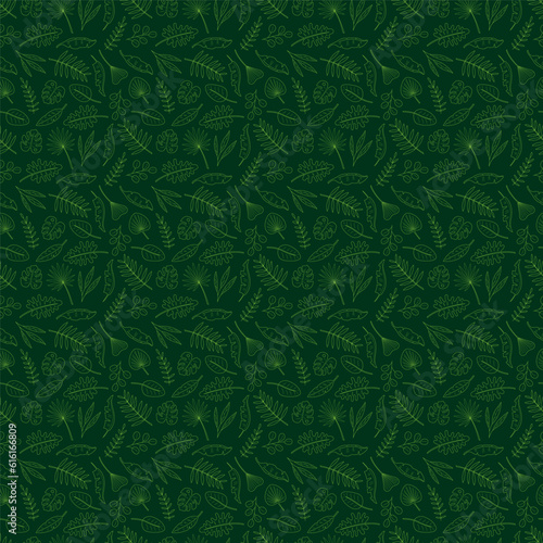 Seamless pattern with 13 different palm leaves on dark green background. Doodle color vector illustration.