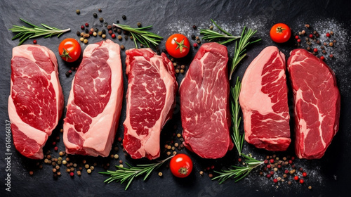 Foto Fresh raw meat on slate black board top view, Variety of beef steak, spices, seasoning for cooking, grilling, black angus prime, striploin, rib eye, sirlion, view from above