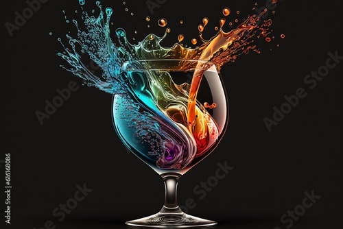 Colorful cocktail in glass with splashes on dark background. Party club entertainment. Generative AI