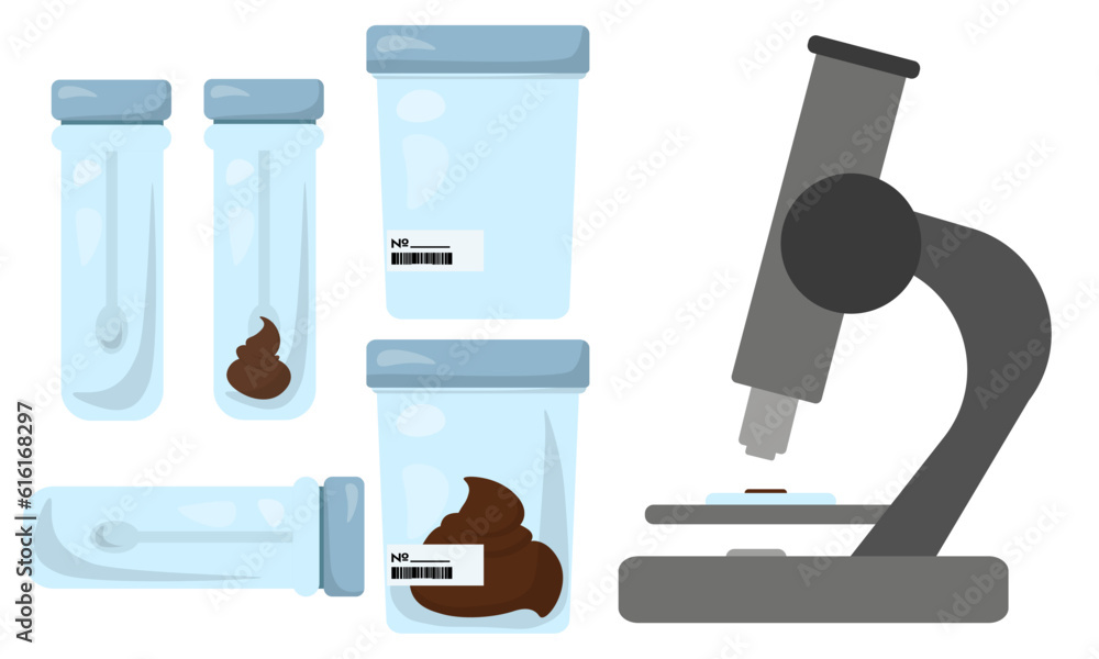 Fotografie stool analysis and microscope, containers and equipment for laboratory research