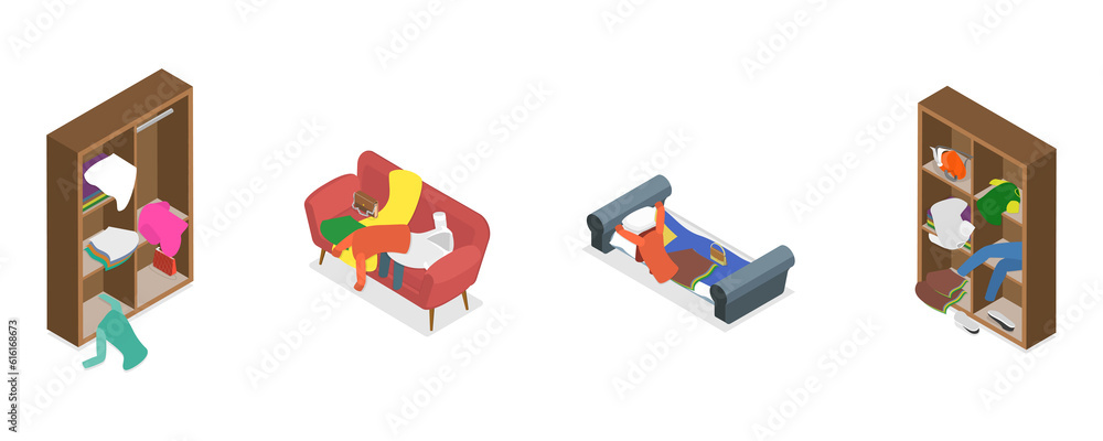 3D Isometric Flat Set of Scattered and Messy Clothes 3D Isometric Flat Set of Scattered and Messy Clothes