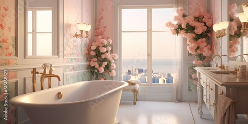 AI Generated. AI Generative. Beauty luxury chic elegant bathroom spa realx chill hotel vacation femine room. Many flowers and calm romantic vibe. Graphic Art