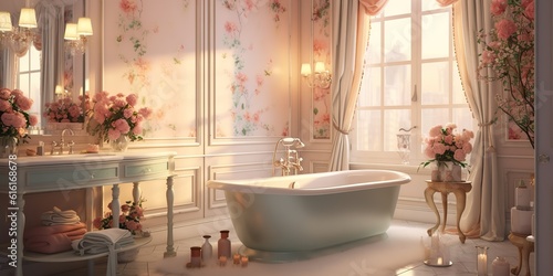 AI Generated. AI Generative. Beauty luxury chic elegant bathroom spa realx chill hotel vacation femine room. Many flowers and calm romantic vibe. Graphic Art photo