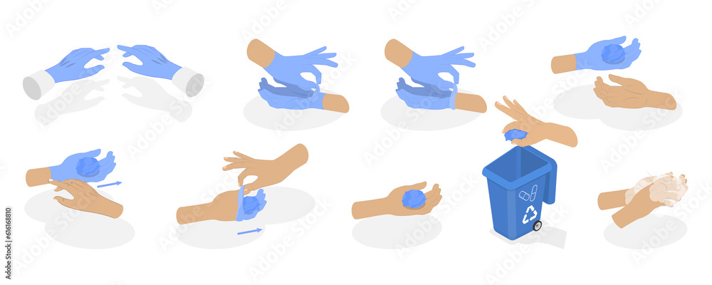 Εκτύπωση καμβά 3D Isometric Flat  Conceptual Illustration of How To Remove Disposable Gloves