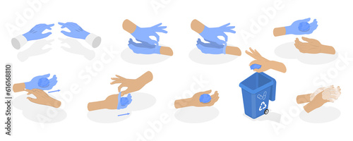 3D Isometric Flat Conceptual Illustration of How To Remove Disposable Gloves
