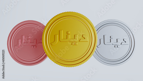 set of gold bronze and silver dinar coin isolated on white background, 3D render photo