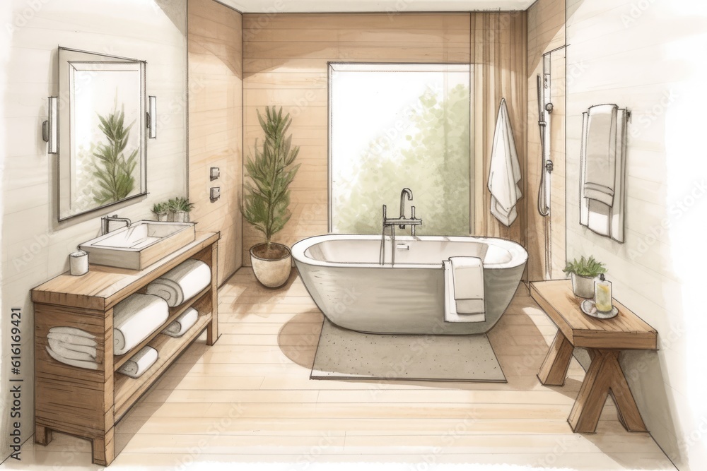 Pencil Sketch Watercolor Cozy Scandinavian Bathroom with Natural Wood Decor Pencil Sketch Watercolor Cozy Scandinavian Bathroom with Natural Wood Decor