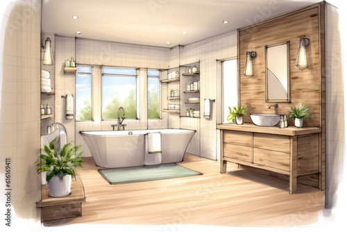 Pencil Sketch Watercolor Cozy Scandinavian Bathroom with Natural Wood Decor