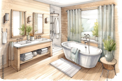 Pencil Sketch Watercolor Cozy Scandinavian Bathroom with Natural Wood Decor