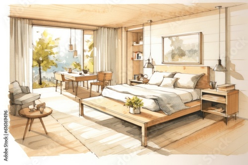 Pencil Sketch Watercolor Cozy Scandinavian Bedroom with Natural Wood Decor