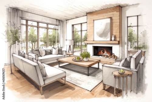 Pencil Sketch Watercolor Cozy Scandinavian Living Room