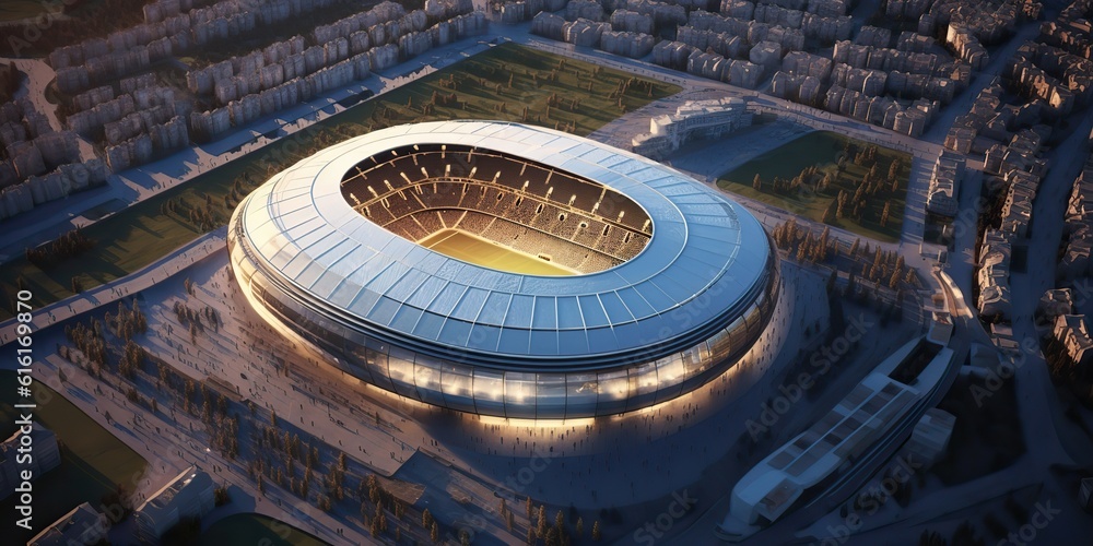 AI Generated. AI Generative. Aerial drone air view of arena stadium sport football soccer game. Night building in lights. Graphic Art AI Generated. AI Generative. Aerial drone air view of arena stadium sport football soccer game. Night building in lights. Graphic Art