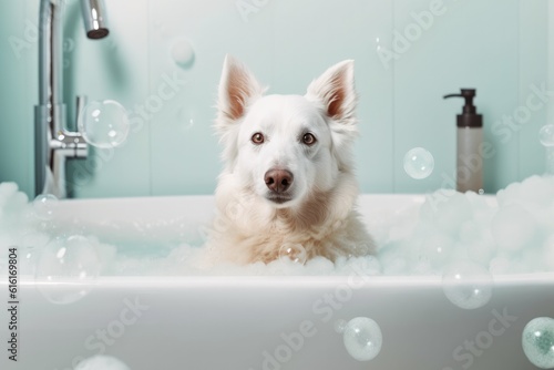 white dog is in the middle of bathtub full of bubbles. Generative AI