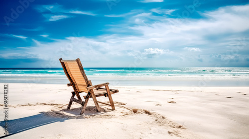 Summer beach scene. Beach vacation concept with chair and blue sky. Generative AI. © senadesign