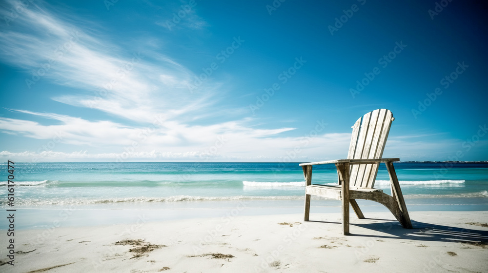 Summer beach scene. Beach vacation concept with chair and blue sky. Generative AI.