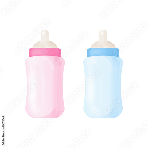 Pink and blue feeding bottles for milk isolated on white background. He or she, boy or girl. Gender reveal. Oh baby. Vector illustration.	
