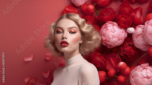 Captivating beauty portrait of a stunning blond woman on a vibrant red background adorned with flowers